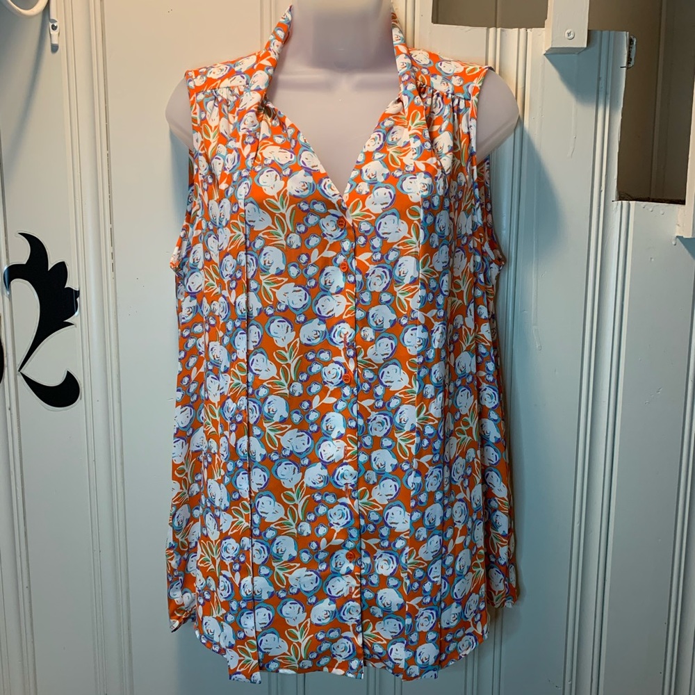 Pleione abstract floral orange bow sleeveless M